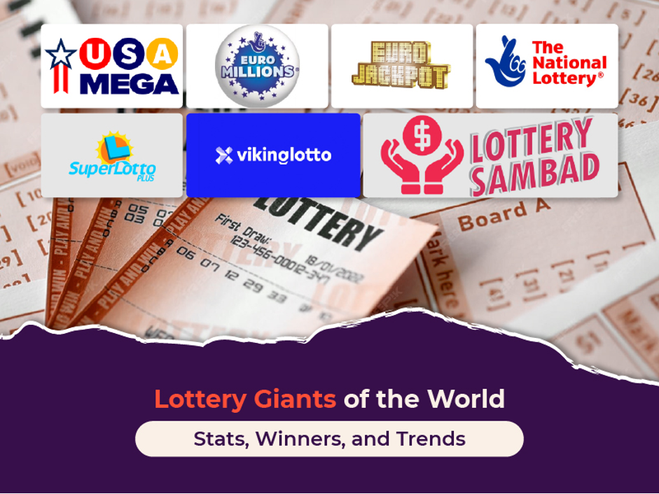 Collage featuring popular international lotteries including USA Mega, EuroMillions, EuroJackpot, The National Lottery, SuperLotto Plus, Vikinglotto, and Lottery Sambad, displayed over lottery tickets background.